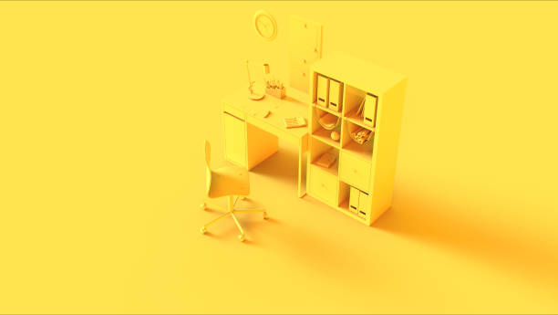 istock Yellow Small Contemporary Home Office Setup with Bookshelf Wall Clock Calculator Desk Lamp an Files 1146607421