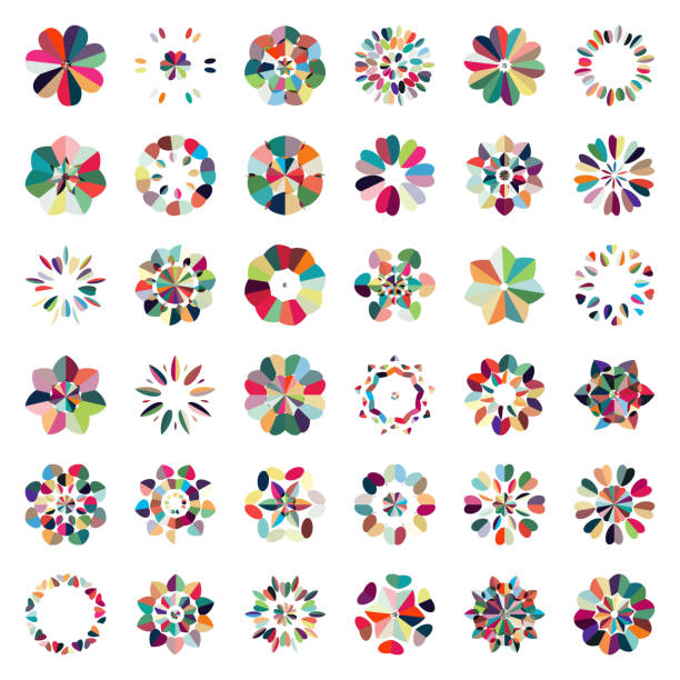 벡터 화려한 꽃 패턴 버튼 아이콘 컬렉션 - abstract design element striped swirl stock illustrations