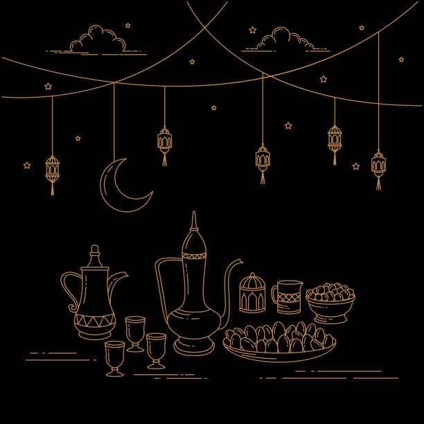Eid Al-Fitr Celebration Line art Eid al-Fitr celebrations design line art style food templates fruit of islam stock illustrations