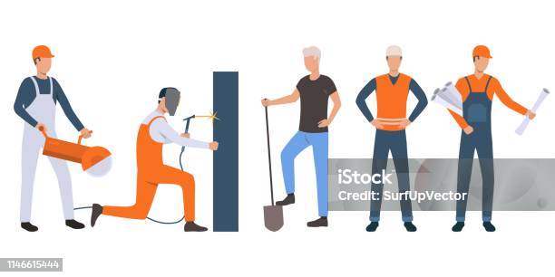 Set Of Builders Architect Welder And Handymen Working Stock Illustration - Download Image Now