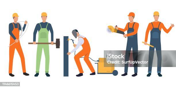 Set Of Builders Electrician Welder And Handymen Working Stock Illustration - Download Image Now