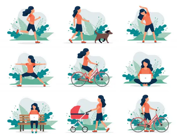 Vector illustration of Happy woman doing different outdoor activities: running, dog walking, yoga, exercising, sport, cycling, walking with baby carriage. Vector illustration in flat style, healthy lifestyle concept.