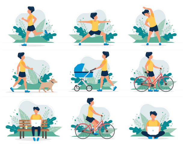 Happy man doing different outdoor activities: running, dog walking, yoga, exercising, sport, cycling, walking with baby carriage. Vector illustration in flat style, healthy lifestyle concept. vector illustration in flat style jogging illustrations stock illustrations