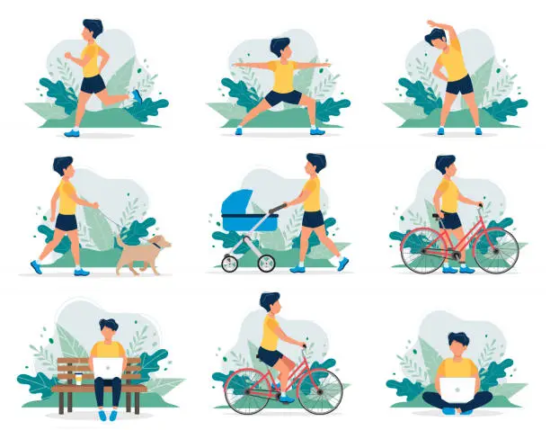 Vector illustration of Happy man doing different outdoor activities: running, dog walking, yoga, exercising, sport, cycling, walking with baby carriage. Vector illustration in flat style, healthy lifestyle concept.