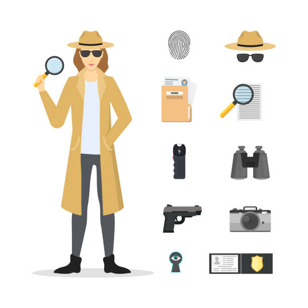 illustrazioni stock, clip art, cartoni animati e icone di tendenza di personaggio cartone animato detective femminile e set di icone. vettore - detective accessory