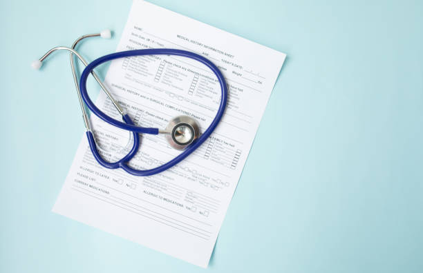 istock Patient medical history on a clipboard with stethoscope. 1146625414