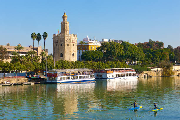 la torre del oro a siviglia, spagna. - seville sevilla torre del oro tower foto e immagini stock