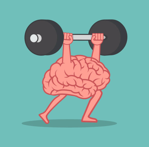 ilustraciones, imágenes clip art, dibujos animados e iconos de stock de cerebro levantamiento de pesas sobre la cabeza de dibujos animados - brain gym