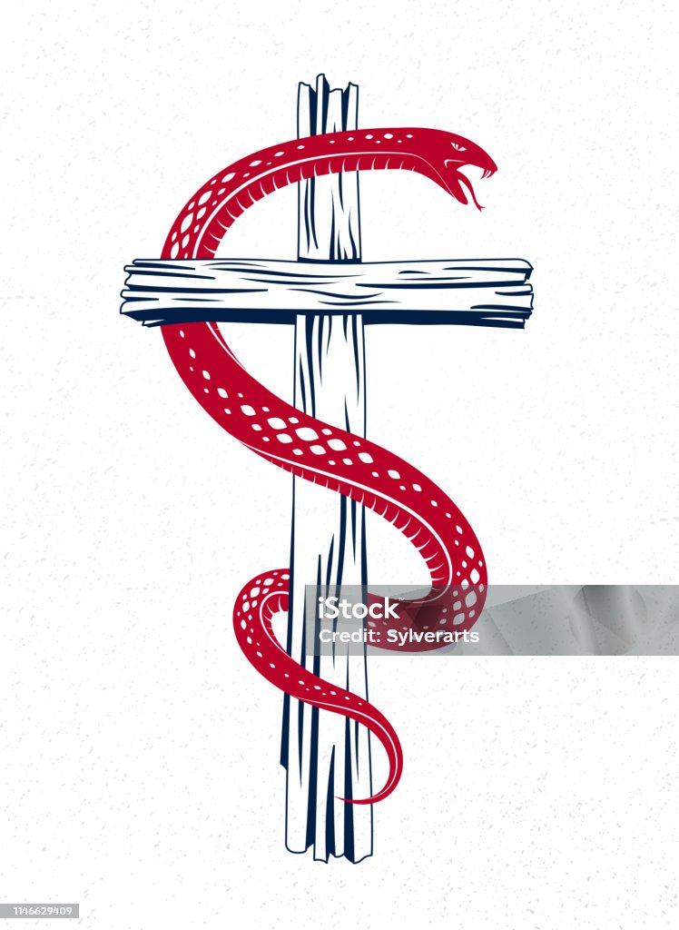 Snake wraps around Christian cross, the struggle between good and evil, saint and sinner, love and hate, life and death symbolic vector illustration, emblem or tattoo. Angel stock vector