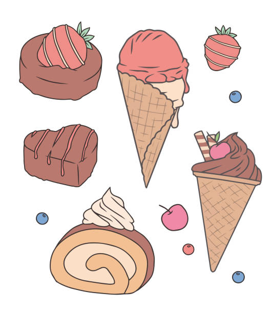 Cartoon Style Vector Illustration Dessert Mix Drawings With Cream Roll Cake  Ice Cream In Cone Chocolate Pralines And Fruits Stock Illustration -  Download Image Now - iStock