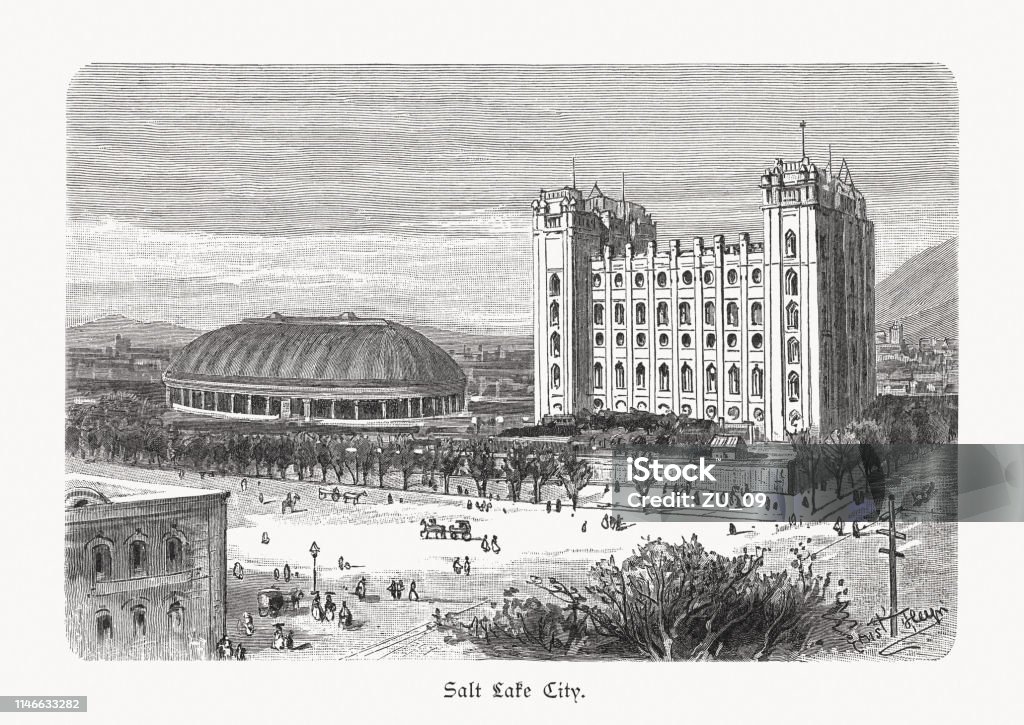 The two Mormon temples in Salt Lake City, USA, 1897 The two Mormon temples in Salt Lake City, Utah, USA. Wood engraving after a photograph, published in 1897. Mormonism stock illustration