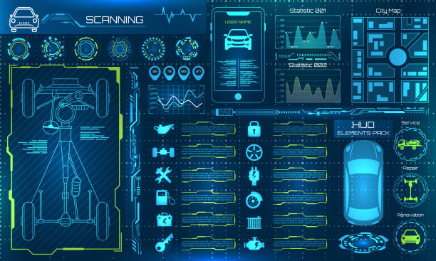 Set HUD Elements Car Service, Repair Infographics. Scanning, Test, Monitoring Set HUD Elements Car Service, Repair Infographics. Scanning, Test, Monitoring - Illustration Vector head up display vehicle part stock illustrations