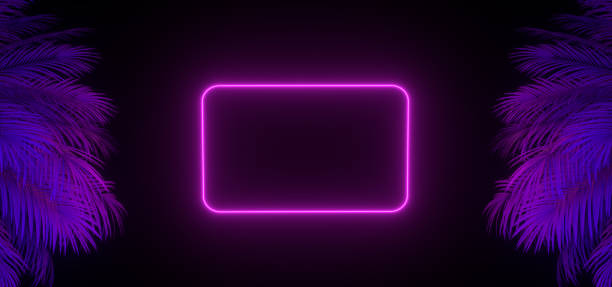 istock 3d render of neon palm leaves and frame on the black. Banner design. Retrowave, synthwave, vaporwave illustration. 1146634117