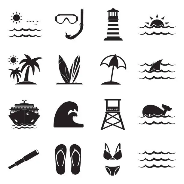 Vector illustration of Sea Icons. Set 2. Black Flat Design. Vector Illustration.