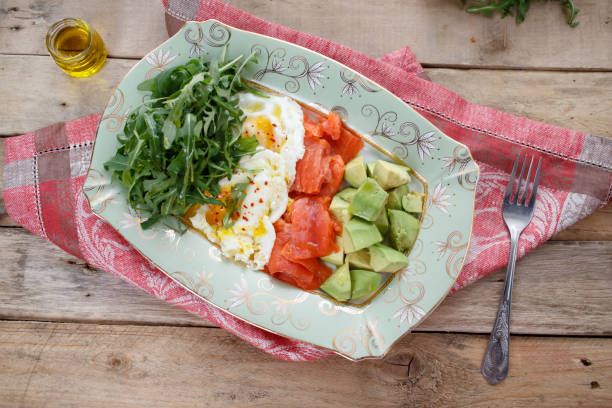 istock Fried eggs, salmon, avocado and arugula. Breakfast at home. Top view. 1146637266