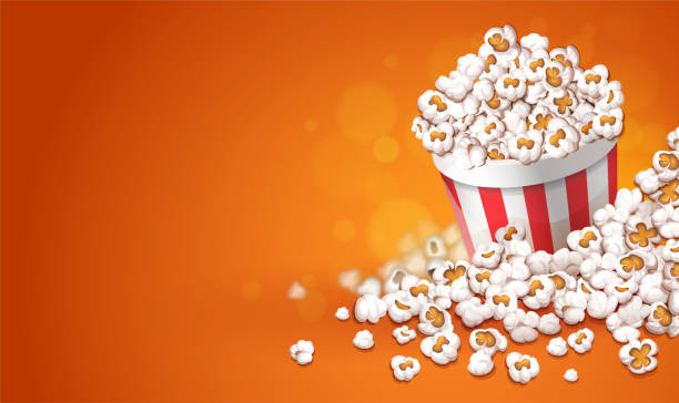 illustrations, cliparts, dessins animés et icônes de popcorn dans un seau en papier. concept de cinéma en ligne de films. illustration vectorielle. - caramel corn