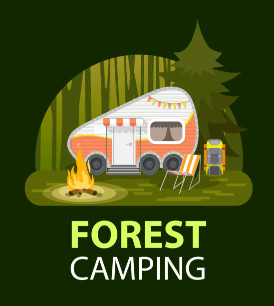 illustrations, cliparts, dessins animés et icônes de petite affiche de camp avec feu de joie et remorque de voyage dans la forêt profonde. caravane de remorque de voiture rv, camping-car compact, mobil-home pour les voyages de pays et vacances en famille en plein air - motor home mobile home vehicle trailer camping