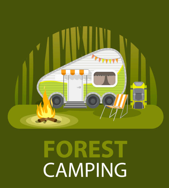 istock Small camp poster with bonfire and travel trailer in deep forest. Car RV trailer caravan, compact motorhome, mobile home for country traveling and outdoor family vacation 1146639658