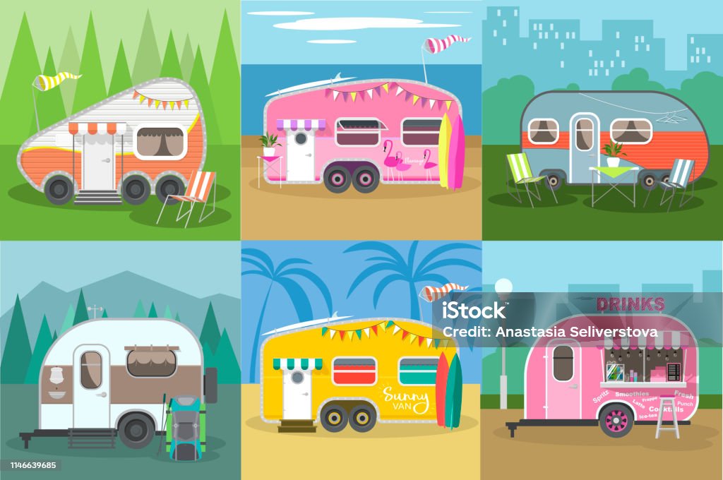 Camping trailer caravan collectie. Reiziger vrachtwagen campingplaats landschap. Bergen, bossen, zee strand en Road Trip. Caravans met verschillende landschappen. - Royalty-free Caravan vectorkunst