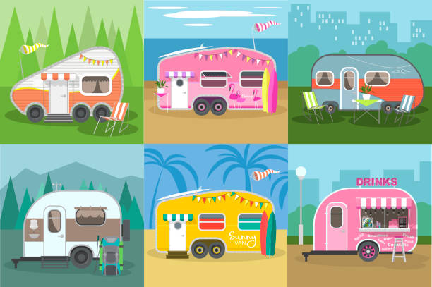 Camping trailer caravan collection. Traveler truck campsite place landscape. Mountains, Forests, sea beach and road trip. Caravans with different landscapes. Travel trailer vector concept set. mobile home stock illustrations