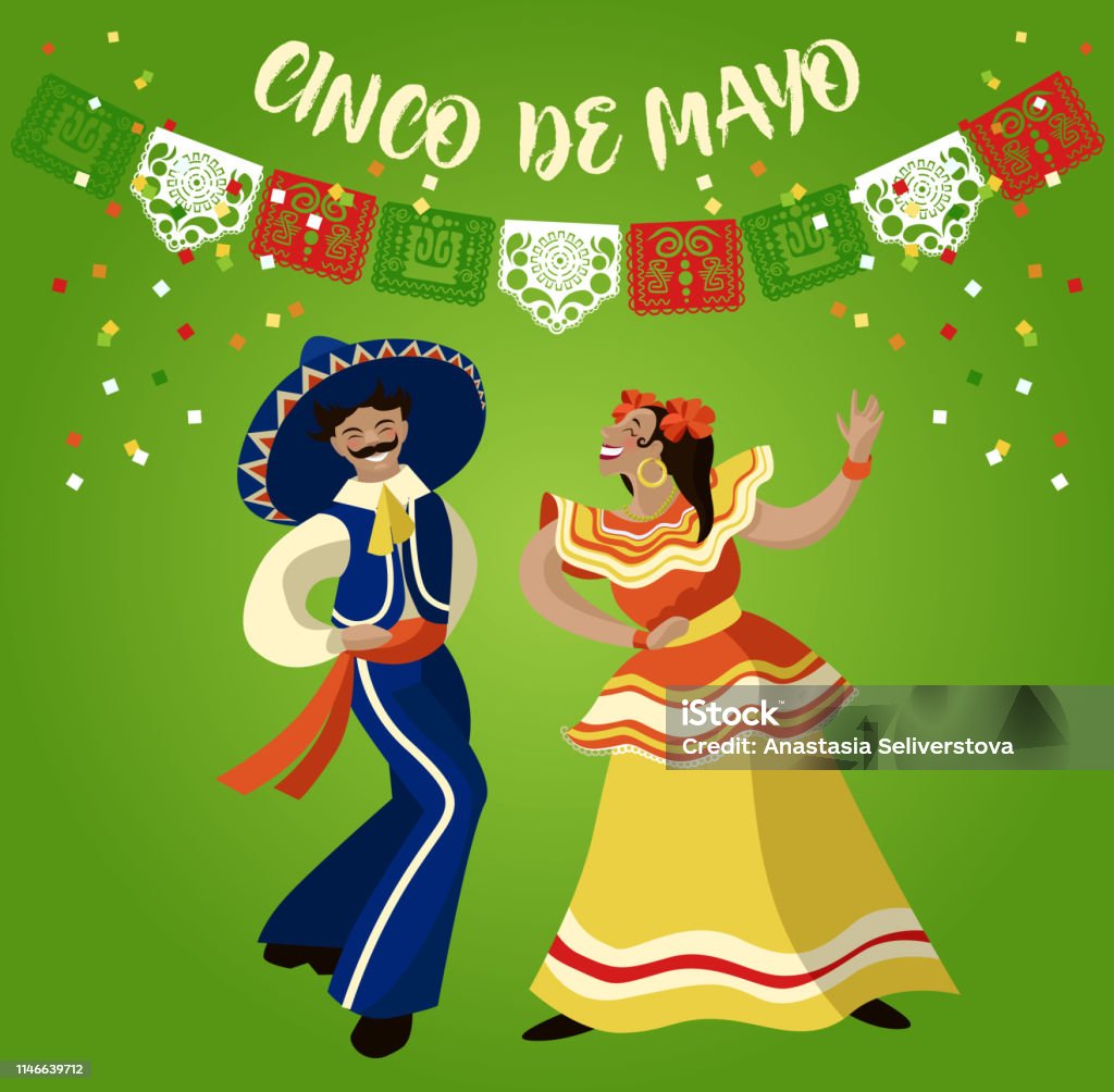 Cinco de mayo parade. Mexicans in national costume dancing and celebrate holiday. Vector cartoon illustration for poster or card Adult stock vector