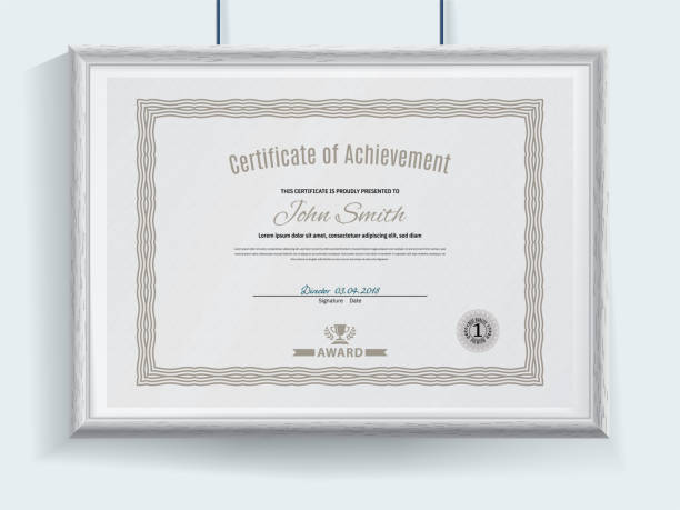 istock Official grey vector certificate with brown guilloche broder and realistic grey border hanging on the wall . Business clean modern design 1146639739