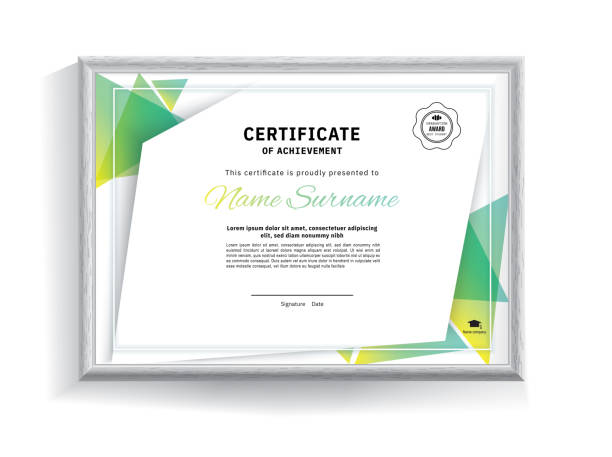 Official vector certificate with green triangles flat design elements and realistic grey border hanging on the wall. Business clean modern design Official vector certificate with green flat design elements and realistic grey border hanging on the wall. Business clean modern design green wall stock illustrations