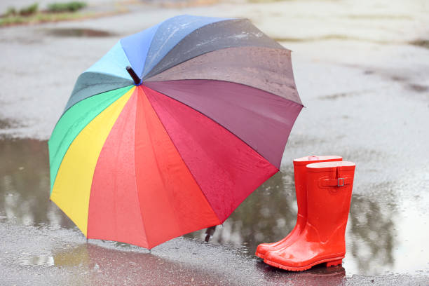 istock Red rubber boots with umbrella in puddle after rain 1146641938
