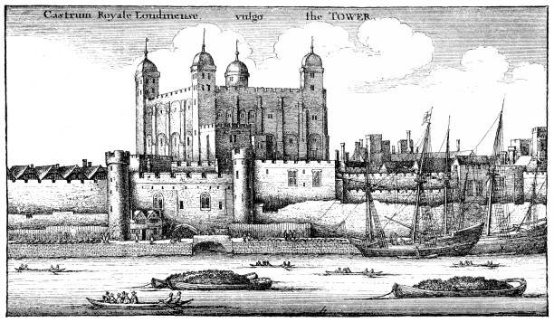 illustrations, cliparts, dessins animés et icônes de illustration du début du xviie siècle de la tour de londres vue à travers la tamise londres - tour-de-londres