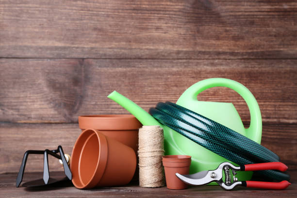 istock Garden tools with pots on brown wooden table 1146642427