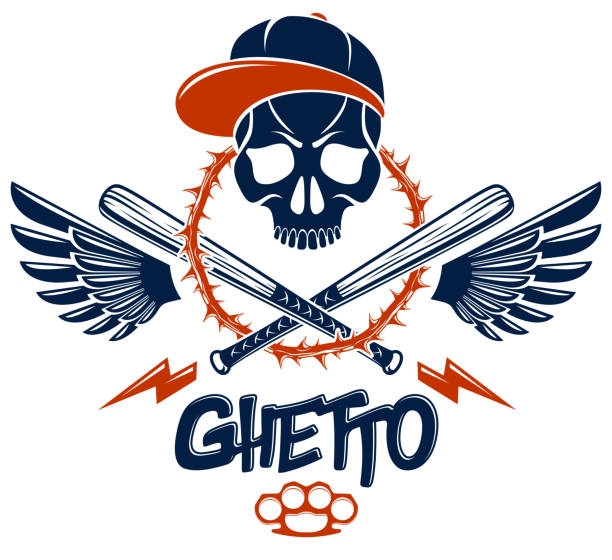 Gang brutal criminal emblem with aggressive skull baseball bats and other weapons and design elements, vector anarchy crime terror retro style, ghetto revolutionary.