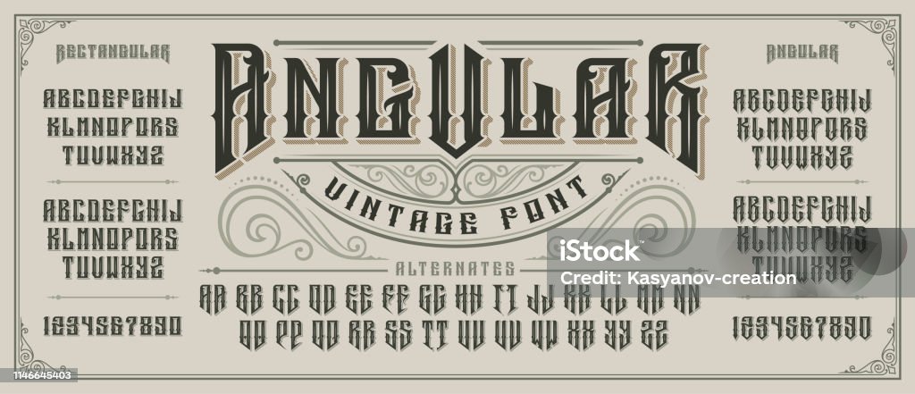 Angular display font with serifs and drop shadow in old style. Angular display font with serifs and drop shadow in retro style. Perfect for alcohol labels, vintage tattoo logos, headlines and many other. All elements are on the separate layers. Typescript stock vector