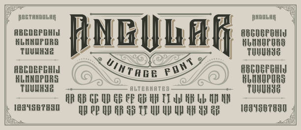 Angular display font with serifs and drop shadow in old style. Angular display font with serifs and drop shadow in retro style. Perfect for alcohol labels, vintage tattoo logos, headlines and many other. All elements are on the separate layers. whiskey illustrations stock illustrations