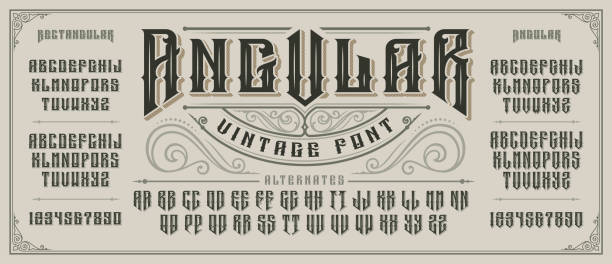 Angular display font with serifs and drop shadow in old style. Angular display font with serifs and drop shadow in retro style. Perfect for alcohol labels, vintage tattoo logos, headlines and many other. All elements are on the separate layers. non western script stock illustrations