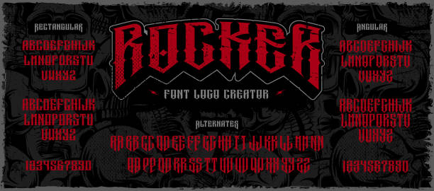 rocker-anzeige schrift-logo-schöpfer auf dem dunklen hintergrund - rock and roll stock-grafiken, -clipart, -cartoons und -symbole
