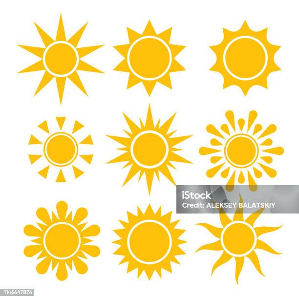 Collezione Di Icone Sun Simboli Solari Isolati Vettoriali - Immagini vettoriali stock e altre immagini di Sole