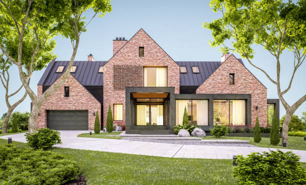 istock 3d rendering of modern clinker house on the ponds with pool in evening 1146651659