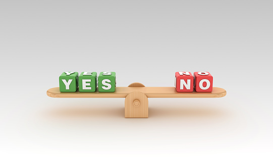 Seesaw with YES NO Buzzword Cubes - Gradient Background - 3D Rendering
