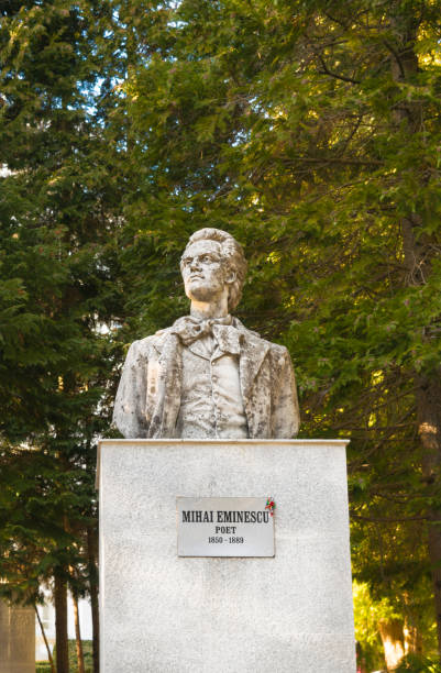 Sinaia, Romania - March 09, 2019:  Mihai Eminescu statue, the greatest romanian poet.