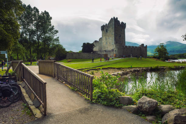 sendero y pasarela que conduce al castillo de ross en irlanda - lakes of killarney fotografías e imágenes de stock