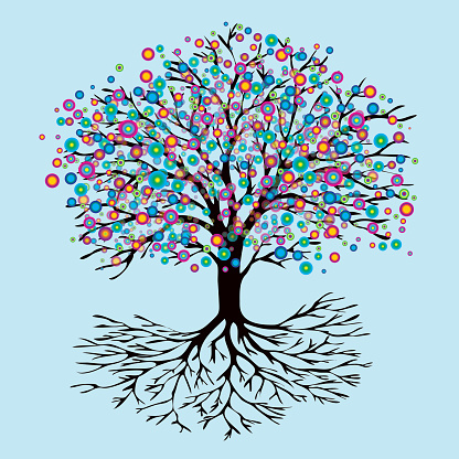 A tree of life with abstract rainbow flowers