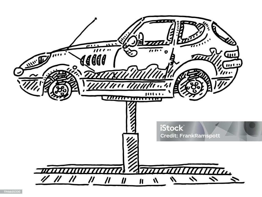 Generic Classic Car Repair Garage Car Lift Drawing Hand-drawn vector drawing of a Generic Classic Car on a Car Lift in a Repair Garage. Black-and-White sketch on a transparent background (.eps-file). Included files are EPS (v10) and Hi-Res JPG. Car stock vector