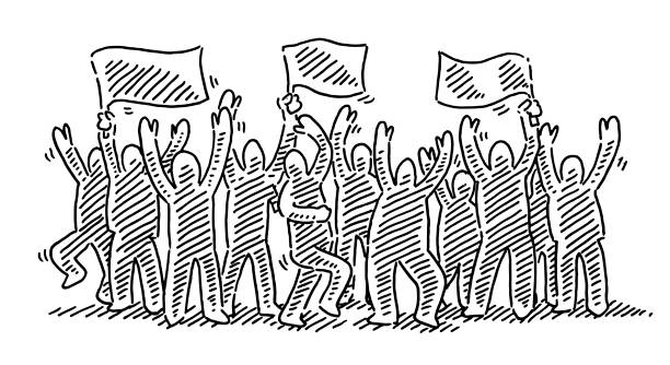 Cheering Crowd Group Of People Celebration Drawing Hand-drawn vector drawing of a Cheering Crowd, Group Of People with Flags Celebration. Black-and-White sketch on a transparent background (.eps-file). Included files are EPS (v10) and Hi-Res JPG. crowd of people drawings stock illustrations