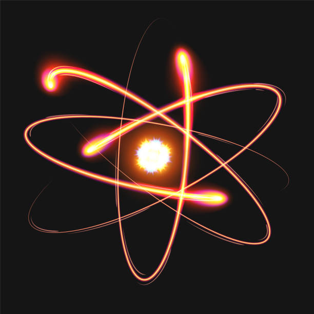 Atom structure model with nucleus surrounded by electrons. Vector illustration Atom structure model with nucleus surrounded by electrons. Technological concept of nuclear power. Vector illustration on a black background nuclear fission stock illustrations