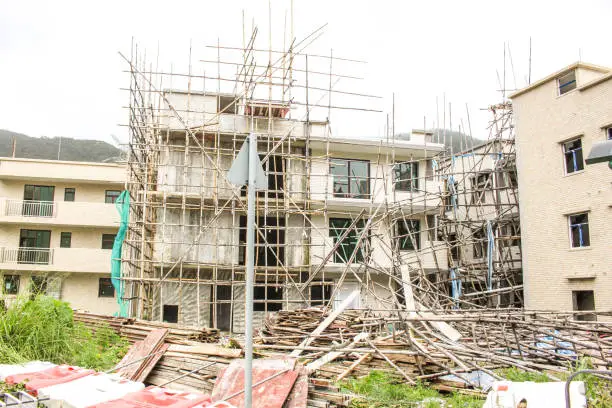Photo of After the typhoon mangkhut in Hong Kong, 19 Sept, 2018. village house construction site, scaffolding collapse