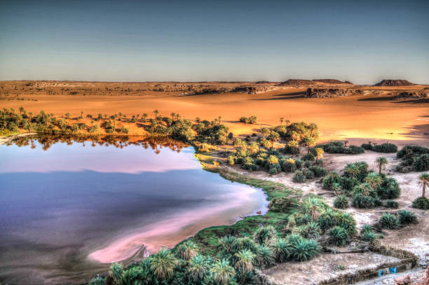 Sunset aerial Panoramic view to Yoa lake group of Ounianga kebir lakes at the Ennedi, Chad sunset aerial Panoramic view to Yoa lake group of Ounianga kebir lakes , Ennedi, Chad lakes of ounianga photos stock pictures, royalty-free photos & images
