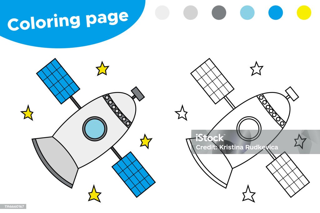 Printable coloring page with satellite. Educational game for preschool kids. Space day. Vector illustration. Activity stock vector