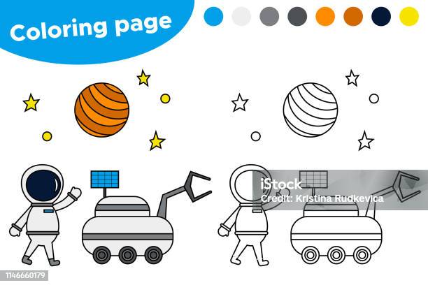 Printable Coloring Page With Astronaut And Moon Loader Stock Illustration - Download Image Now