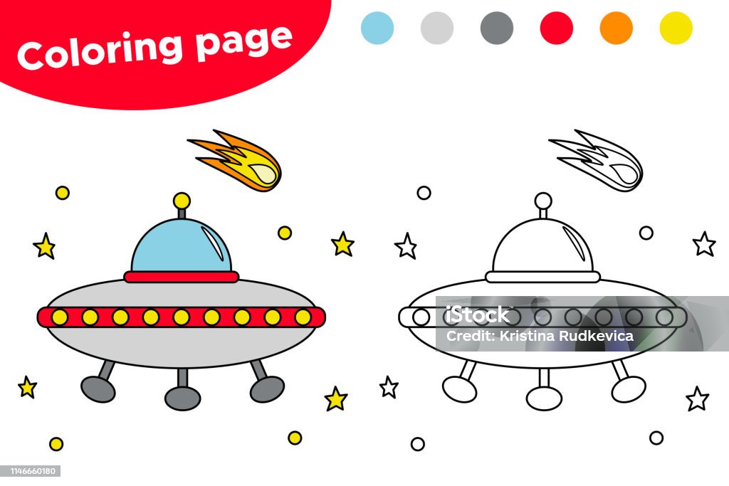 Printable coloring page with UFO. Educational game for preschool kids. Space day. Vector illustration. Alien stock vector