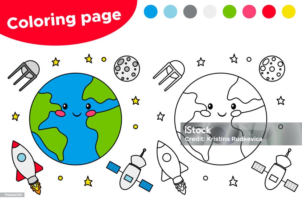 Printable coloring page with the earth, satellite, moon and rocket. Space day. Kawaii cartoon character. Vector illustration. Coloring stock vector